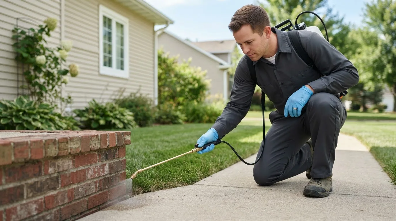 Pest control technician treating a home near Holland, IA