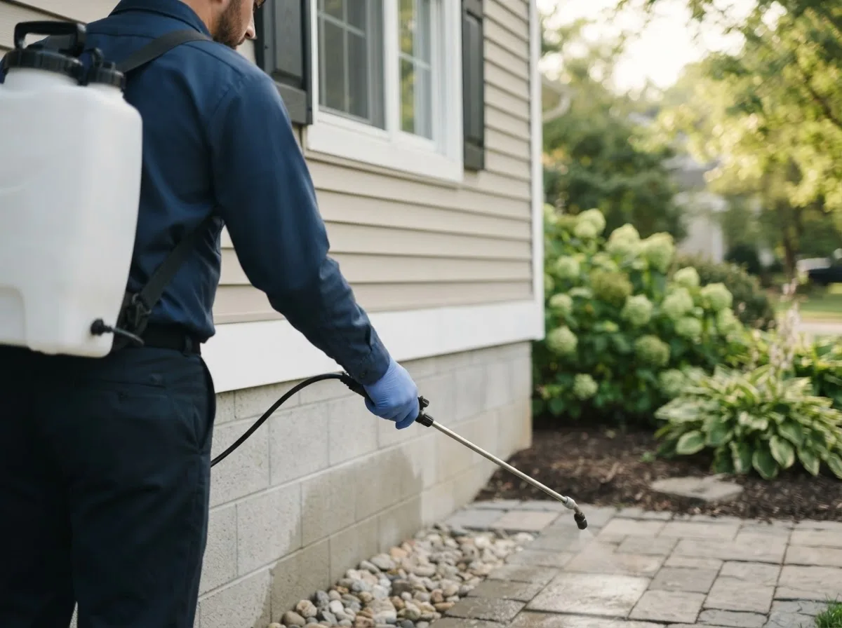 Pest control technician inspecting a home in Holland, IA